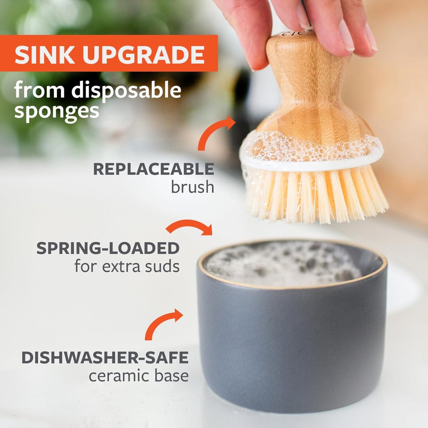Elevate Your Dishwashing Experience with the Full Circle Bubble Up Bamboo Dish Brush & Ceramic Soap Dispenser Set - Stylish, Eco-Friendly Kitchen Essential!