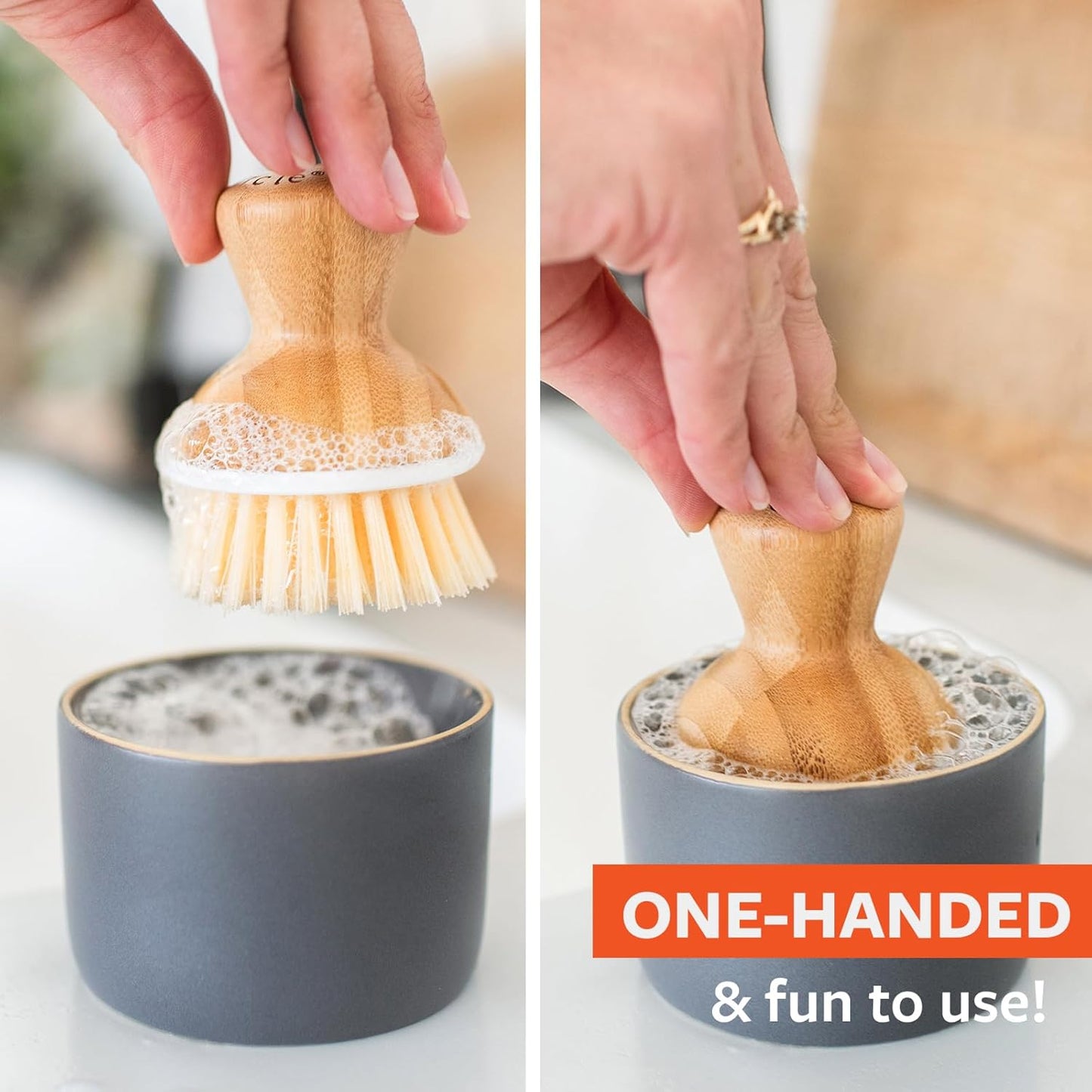 Elevate Your Dishwashing Experience with the Full Circle Bubble Up Bamboo Dish Brush & Ceramic Soap Dispenser Set - Stylish, Eco-Friendly Kitchen Essential!