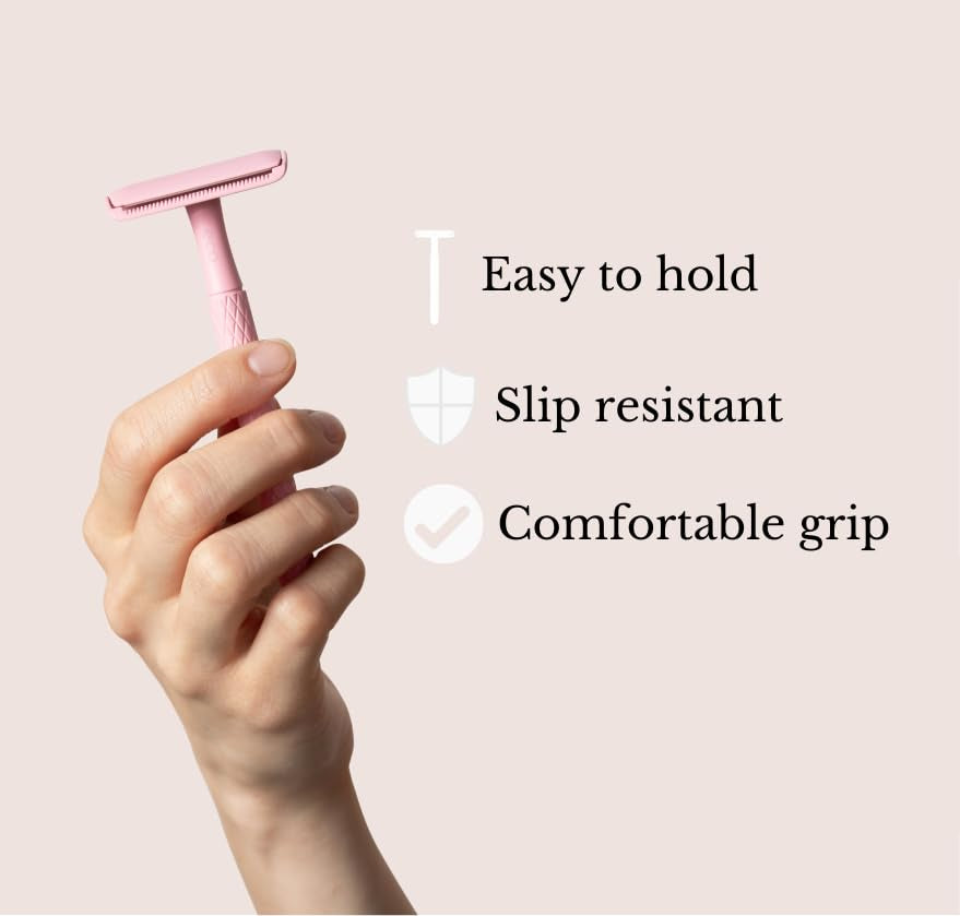 Double Edge Metal Alloy Safety Razor for Women + 5 Double Edge Safety Razor Blade Refills, Reusable Razor for Shaving (Pink)
