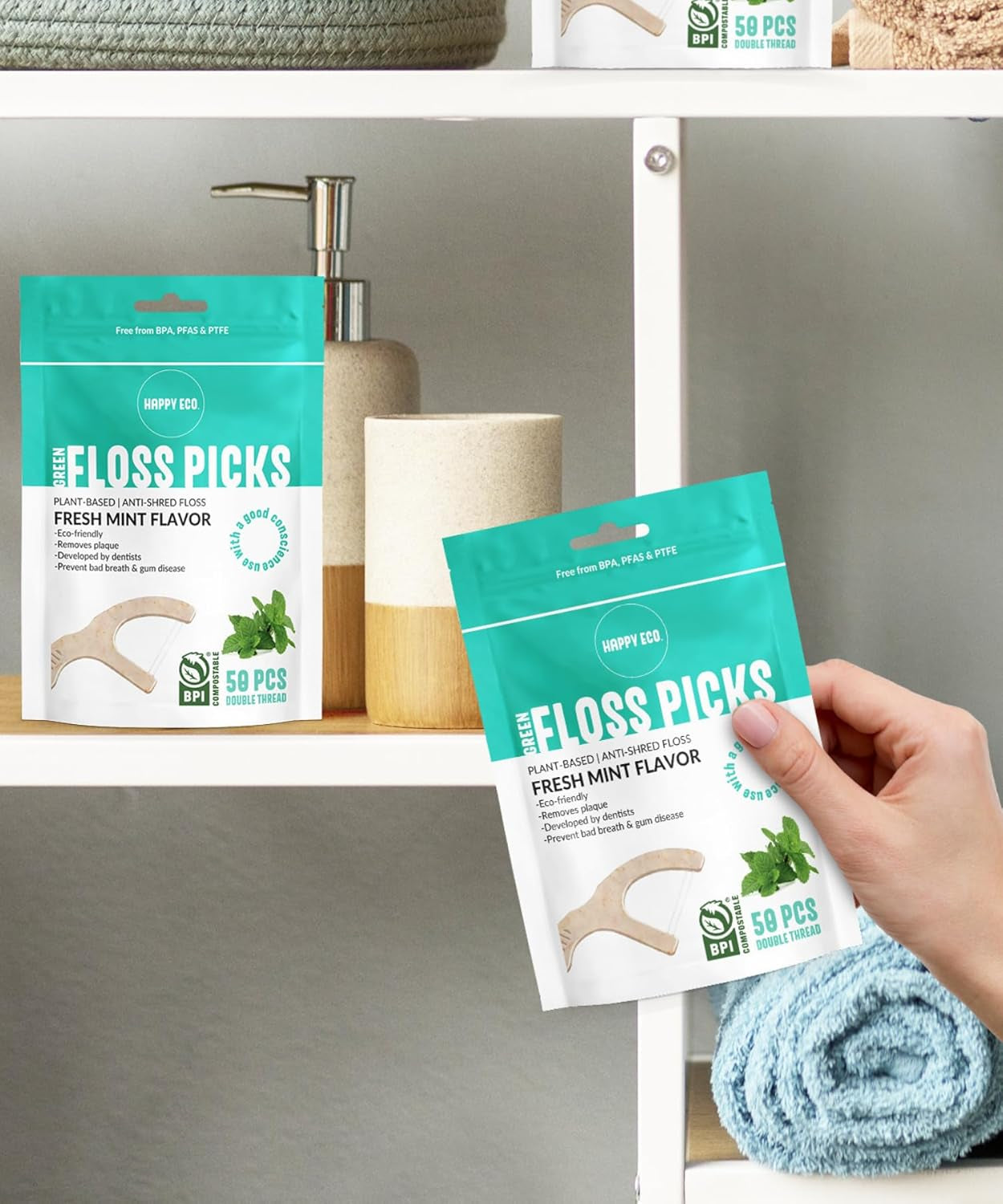 Floss Picks Biodegradable (200Pcs) - Plant Based Dental Floss Picks, Natural Flossers for Adults & Kids, Nontoxic Vegan Tooth Pick Flossers & Eco Floss Sticks - Double Thread Mint