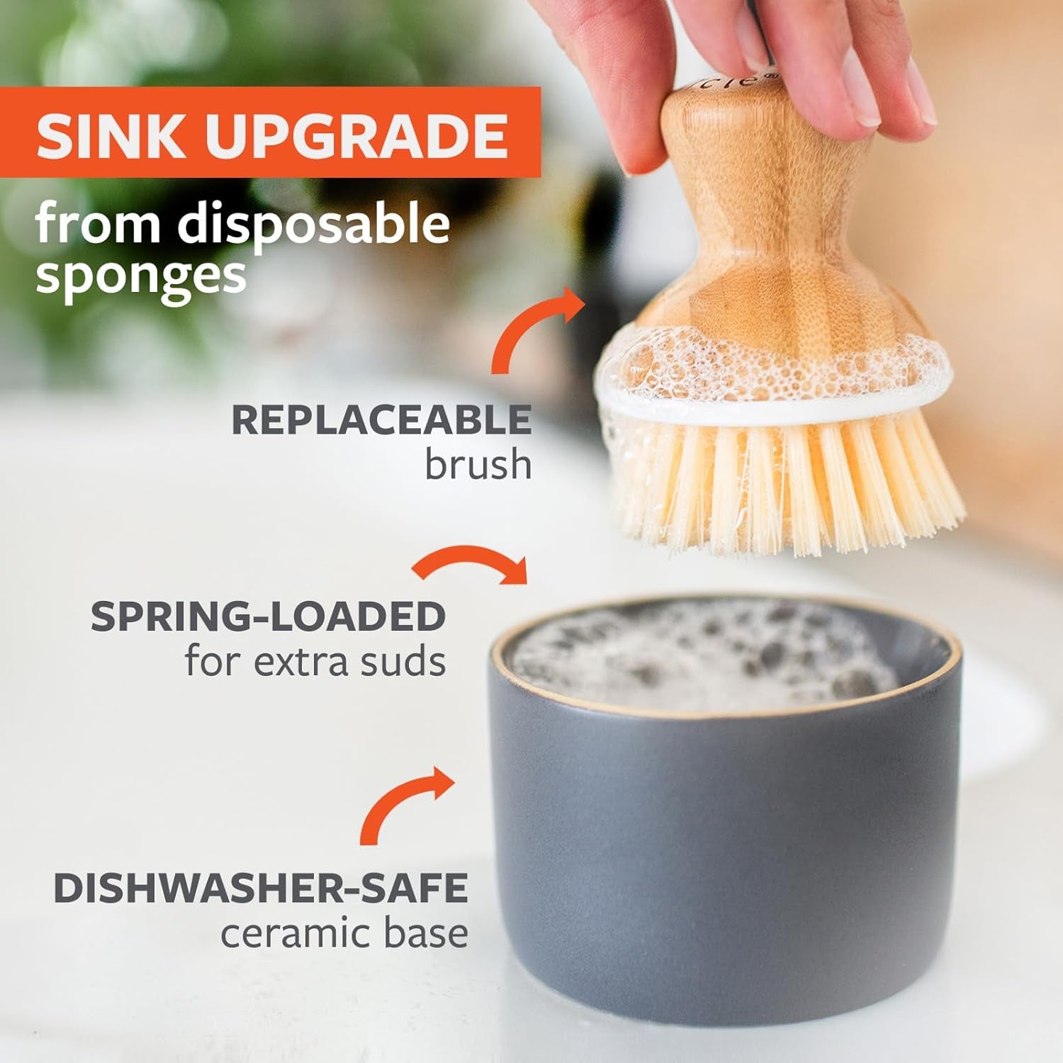 Elevate Your Dishwashing Experience with the Full Circle Bubble Up Bamboo Dish Brush & Ceramic Soap Dispenser Set - Stylish, Eco-Friendly Kitchen Essential!
