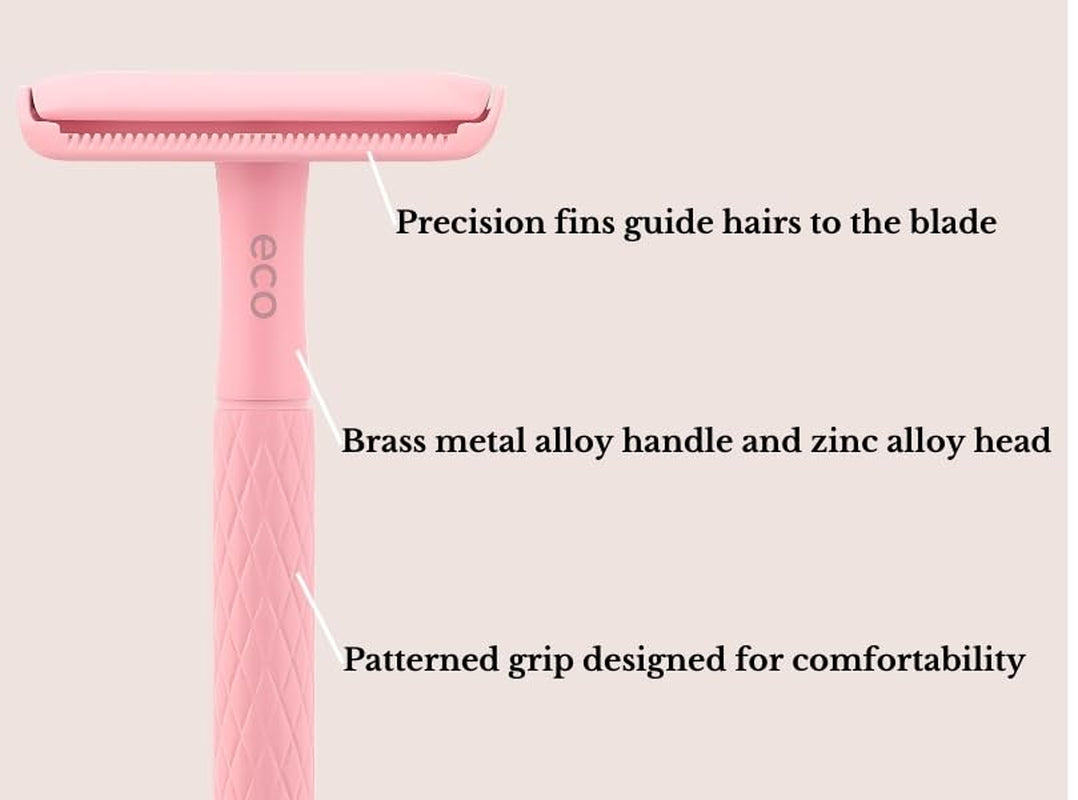 Double Edge Metal Alloy Safety Razor for Women + 5 Double Edge Safety Razor Blade Refills, Reusable Razor for Shaving (Pink)