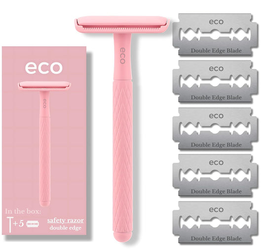 Double Edge Metal Alloy Safety Razor for Women + 5 Double Edge Safety Razor Blade Refills, Reusable Razor for Shaving (Pink)