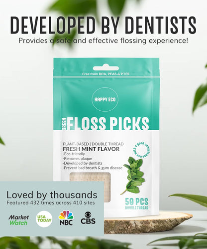 Floss Picks Biodegradable (200Pcs) - Plant Based Dental Floss Picks, Natural Flossers for Adults & Kids, Nontoxic Vegan Tooth Pick Flossers & Eco Floss Sticks - Double Thread Mint