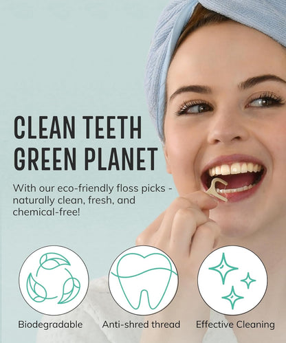 Floss Picks Biodegradable (200Pcs) - Plant Based Dental Floss Picks, Natural Flossers for Adults & Kids, Nontoxic Vegan Tooth Pick Flossers & Eco Floss Sticks - Double Thread Mint
