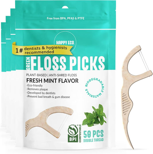 Floss Picks Biodegradable (200Pcs) - Plant Based Dental Floss Picks, Natural Flossers for Adults & Kids, Nontoxic Vegan Tooth Pick Flossers & Eco Floss Sticks - Double Thread Mint
