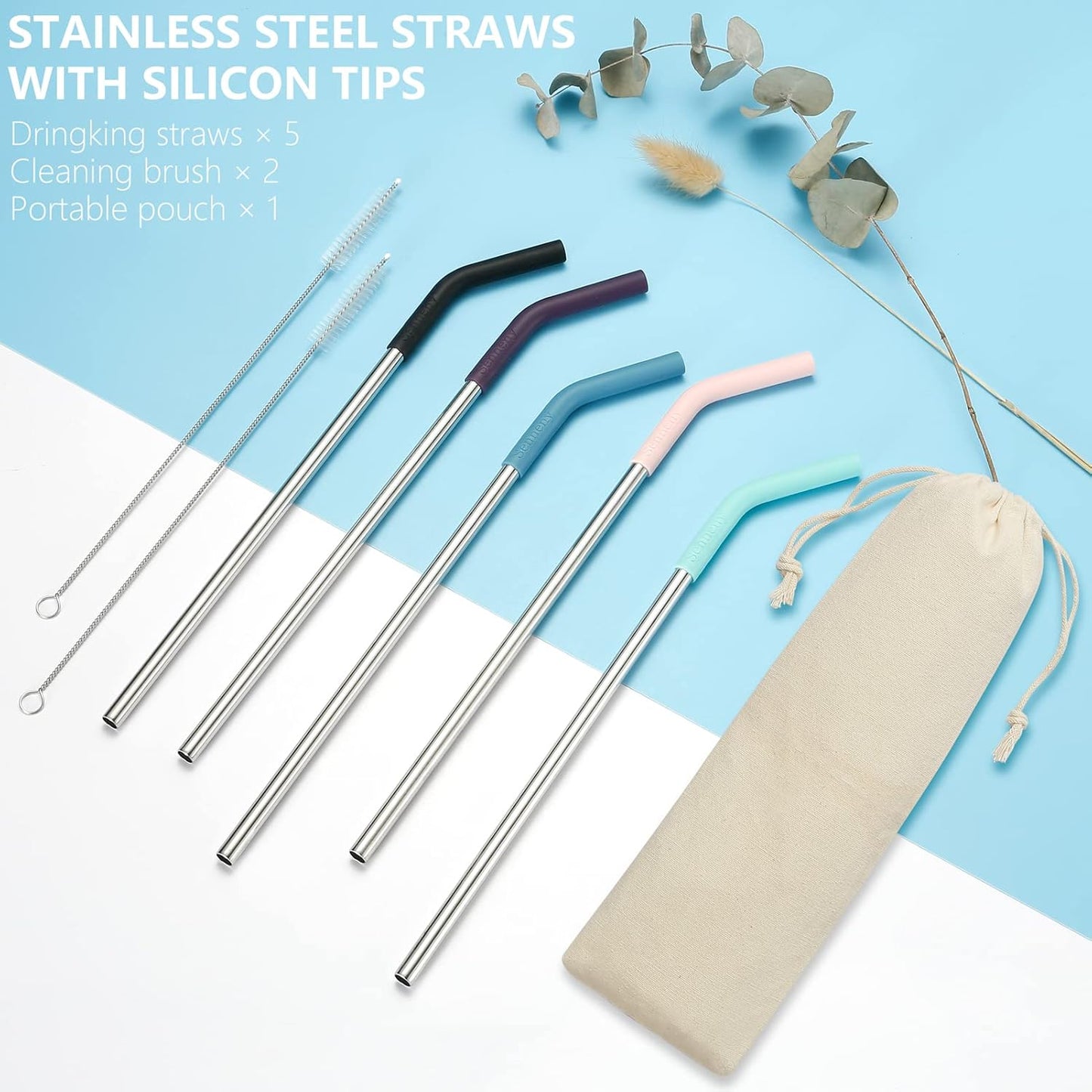 Eco-Friendly Set of 5 Premium Stainless Steel Straws with Flexible Silicone Elbow Tips, 2 Cleaning Brushes, and Portable Carrying Bag - Perfect for All Your Favorite Drinks!