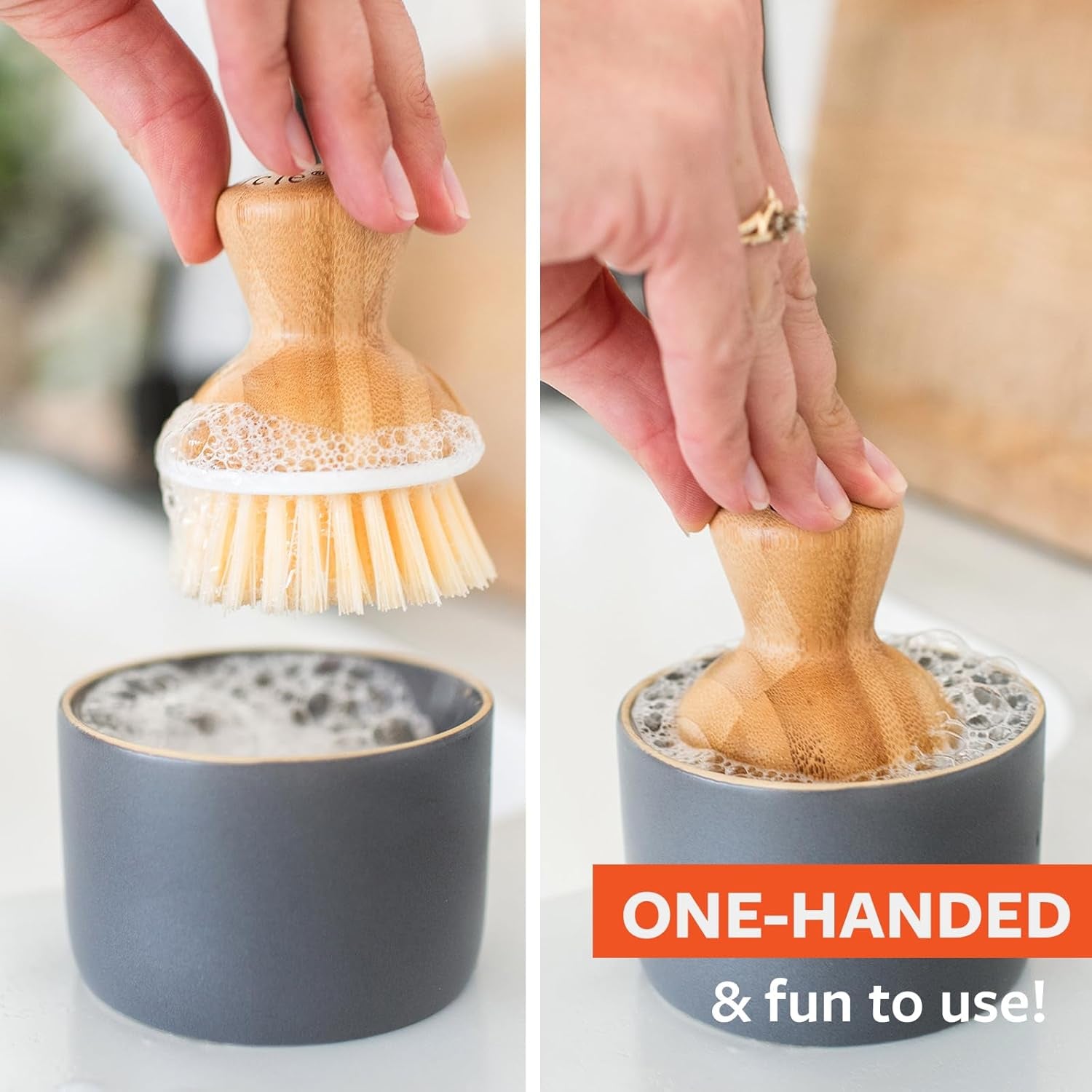 Elevate Your Dishwashing Experience with the Full Circle Bubble Up Bamboo Dish Brush & Ceramic Soap Dispenser Set - Stylish, Eco-Friendly Kitchen Essential!