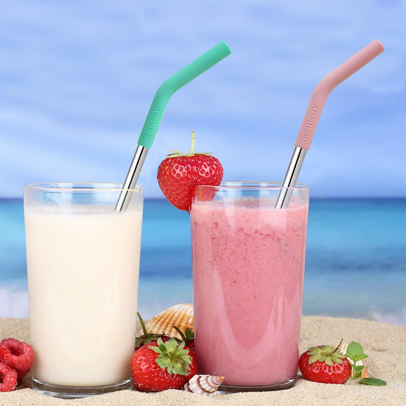 Eco-Friendly Set of 5 Premium Stainless Steel Straws with Flexible Silicone Elbow Tips, 2 Cleaning Brushes, and Portable Carrying Bag - Perfect for All Your Favorite Drinks!