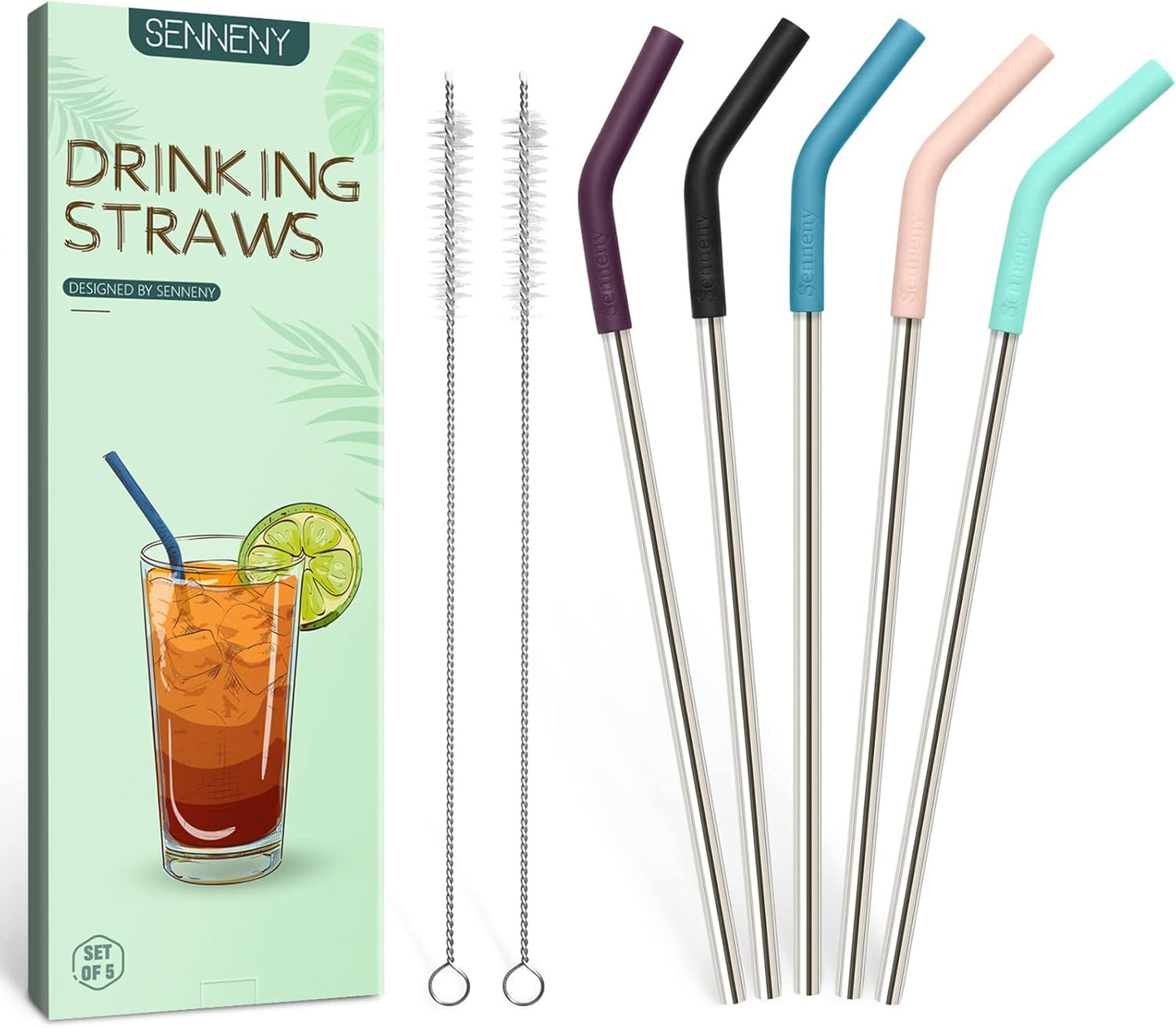 Eco-Friendly Set of 5 Premium Stainless Steel Straws with Flexible Silicone Elbow Tips, 2 Cleaning Brushes, and Portable Carrying Bag - Perfect for All Your Favorite Drinks!