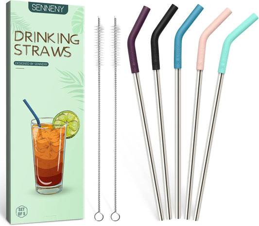 Eco-Friendly Set of 5 Premium Stainless Steel Straws with Flexible Silicone Elbow Tips, 2 Cleaning Brushes, and Portable Carrying Bag - Perfect for All Your Favorite Drinks!