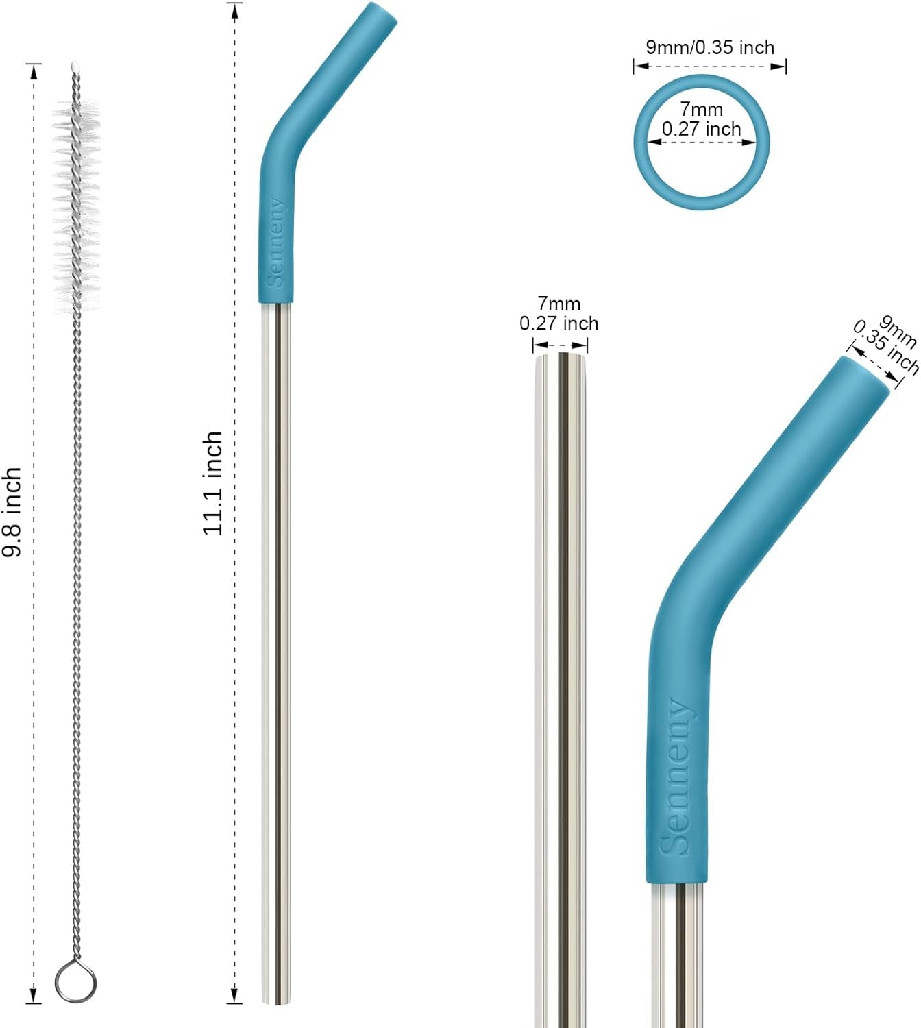 Eco-Friendly Set of 5 Premium Stainless Steel Straws with Flexible Silicone Elbow Tips, 2 Cleaning Brushes, and Portable Carrying Bag - Perfect for All Your Favorite Drinks!